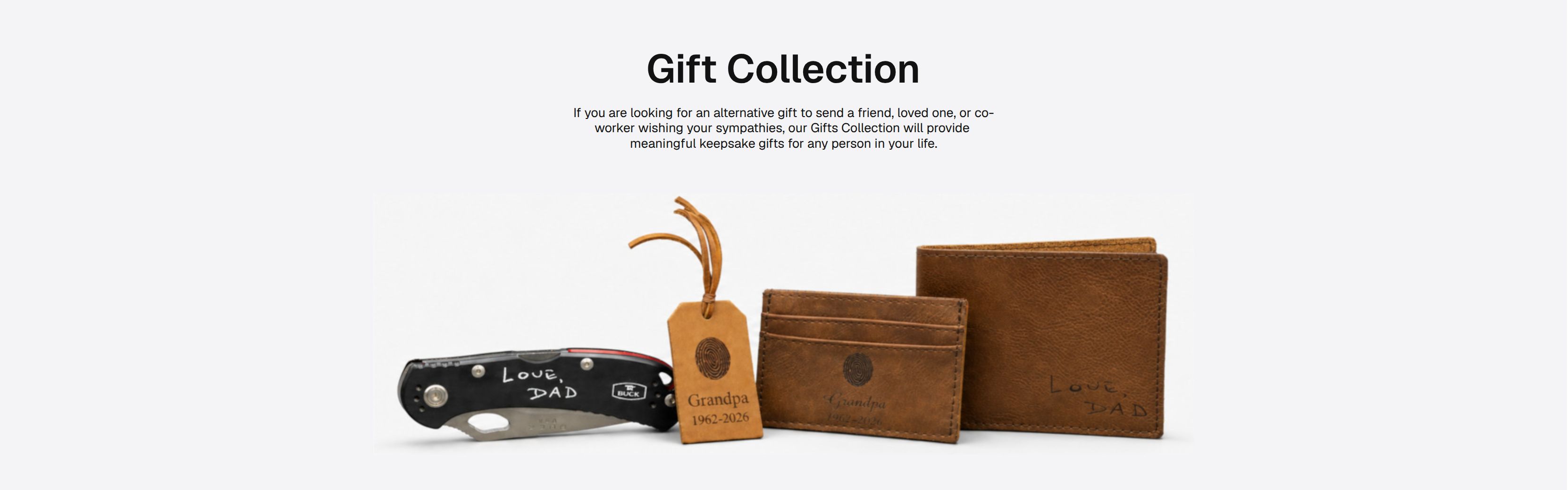 A sampling of the Gift Collection, including the Spitfire Knife, Leather Tag, Leather Card Holder and Leather Wallet.